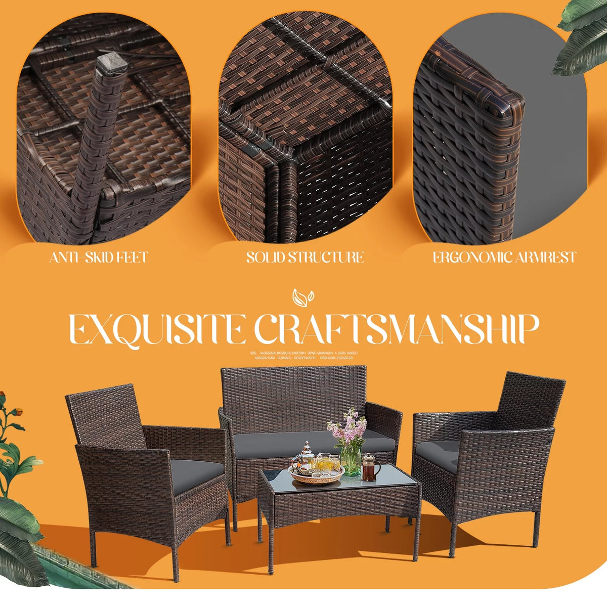 4 Pieces Brown PE Rattan Patio Conversation Set L324068