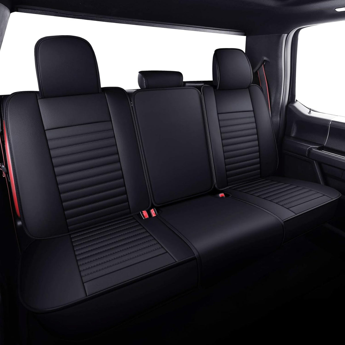 Waterproof Leather Truck Seat Covers Full Set Black-Red S926345