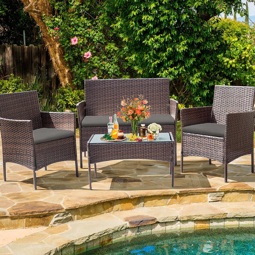 4 Pieces Brown PE Rattan Patio Conversation Set L324068