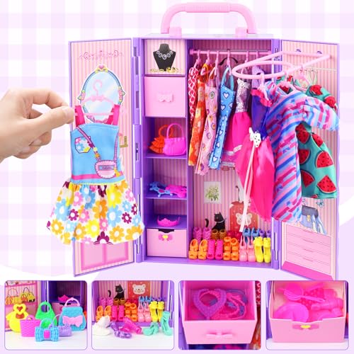 108 Pcs Doll Clothes and Accessories with Purple Doll Closet for 11.5 Inch Doll W80535