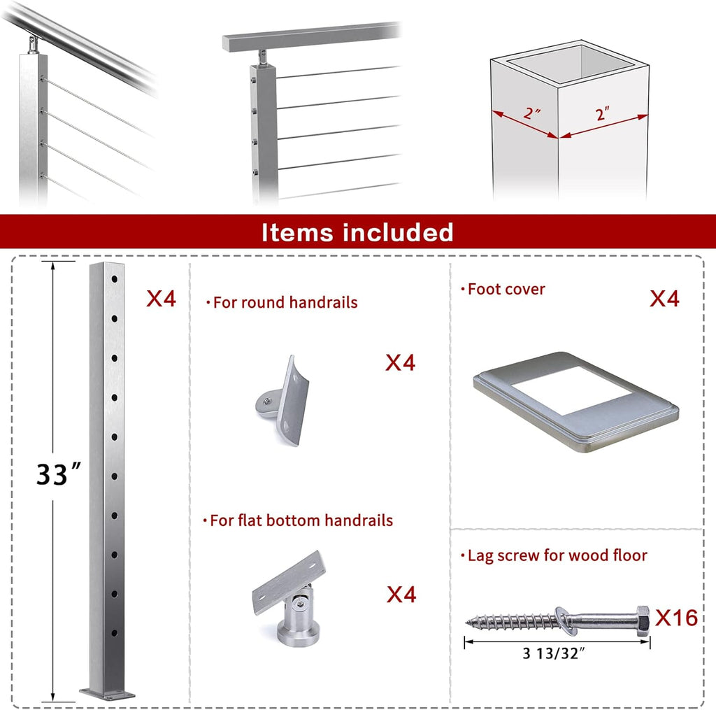 4 Pack Stainless Steel Brushed Cable Railing Post P805