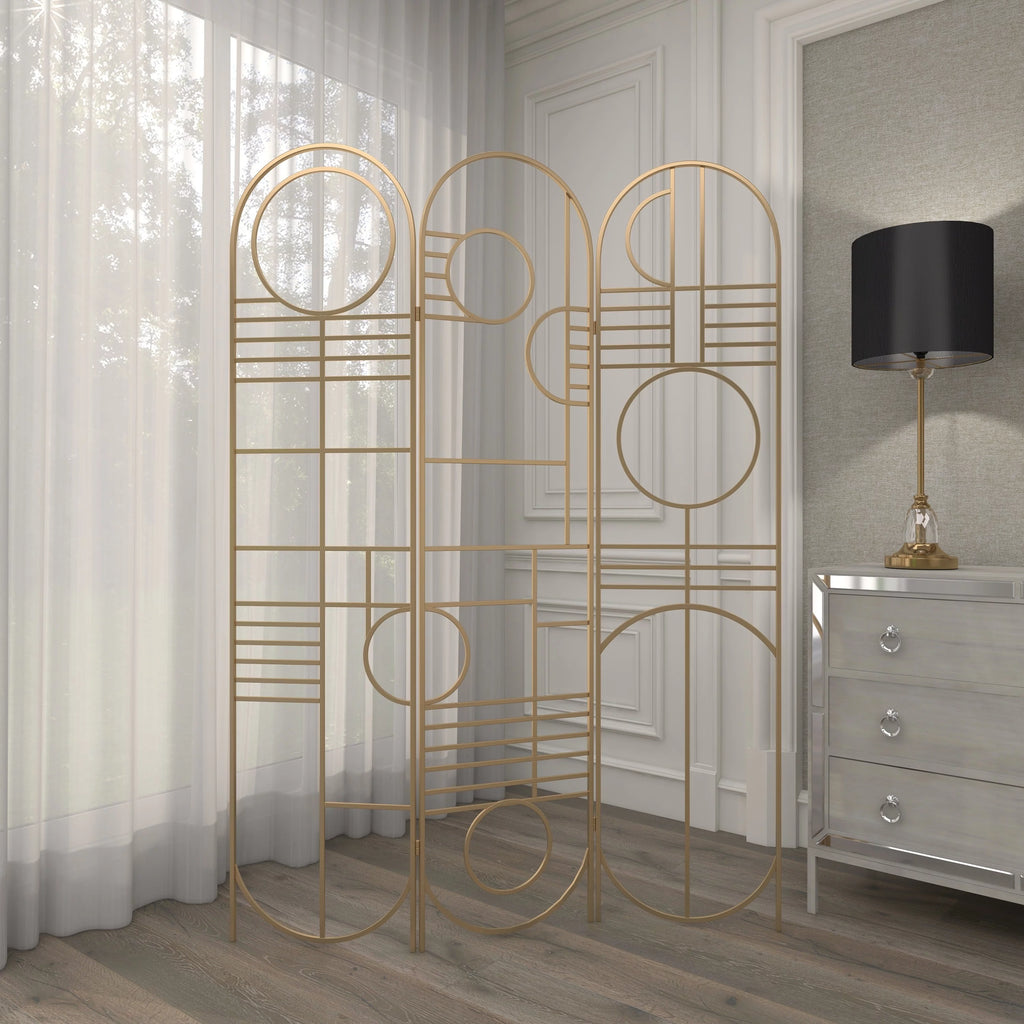 Metal 3 Panel Room Divider Screen with Geometric Pattern E6678