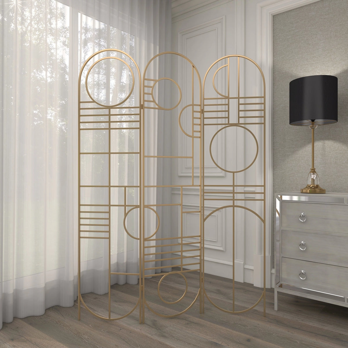 Metal 3 Panel Room Divider Screen with Geometric Pattern E6678