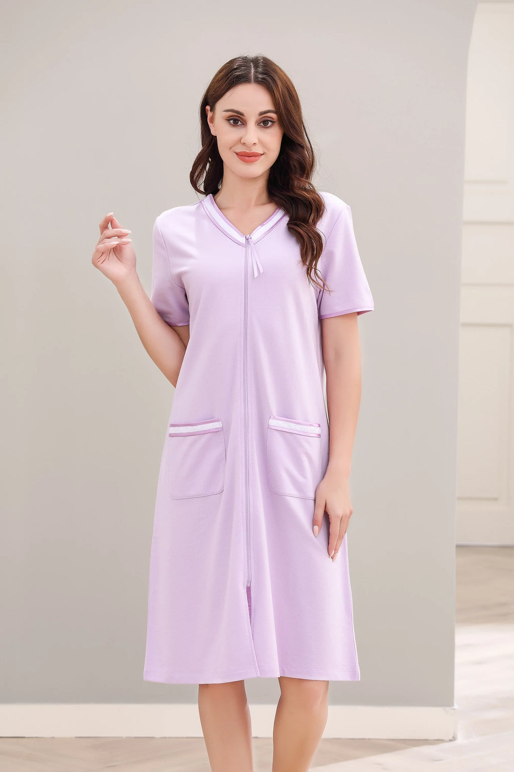 Women Short Sleeve Zipper Robe Q318