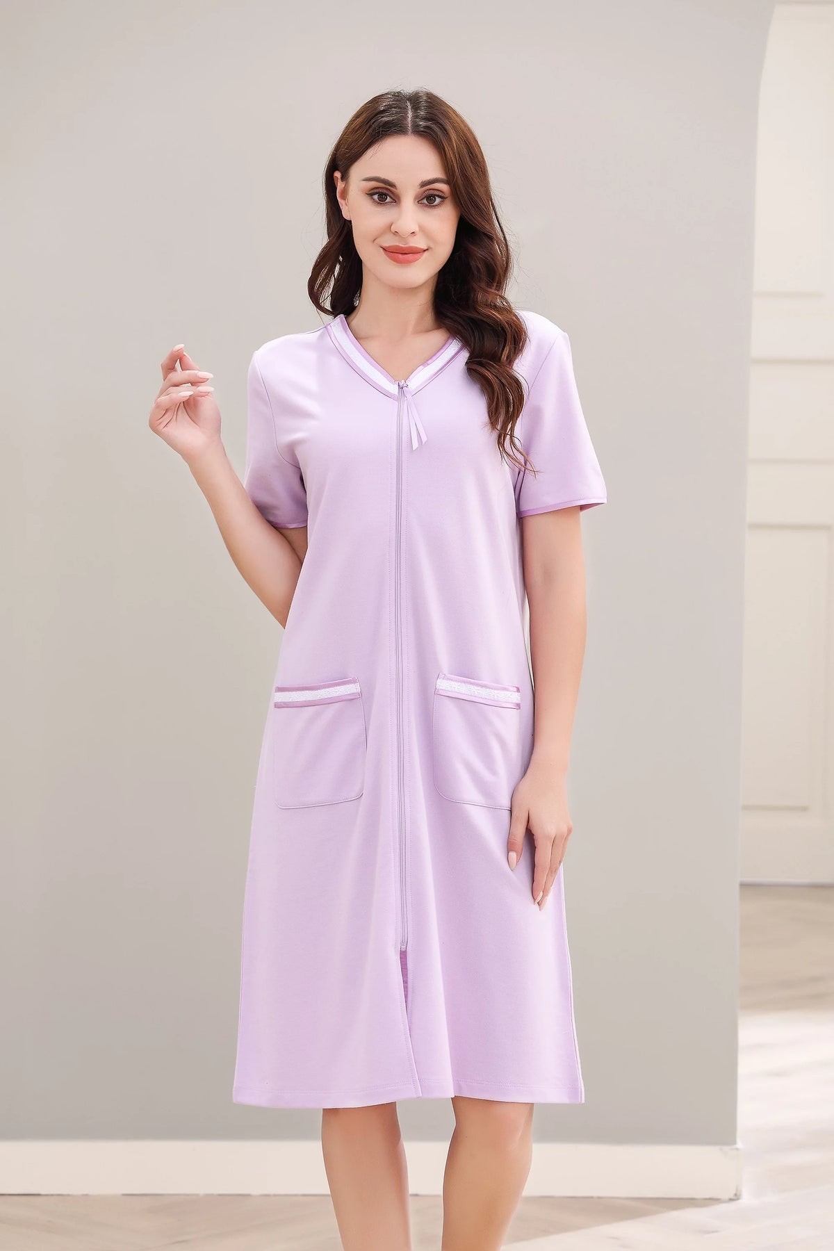 Women Short Sleeve Zipper Robe Q318