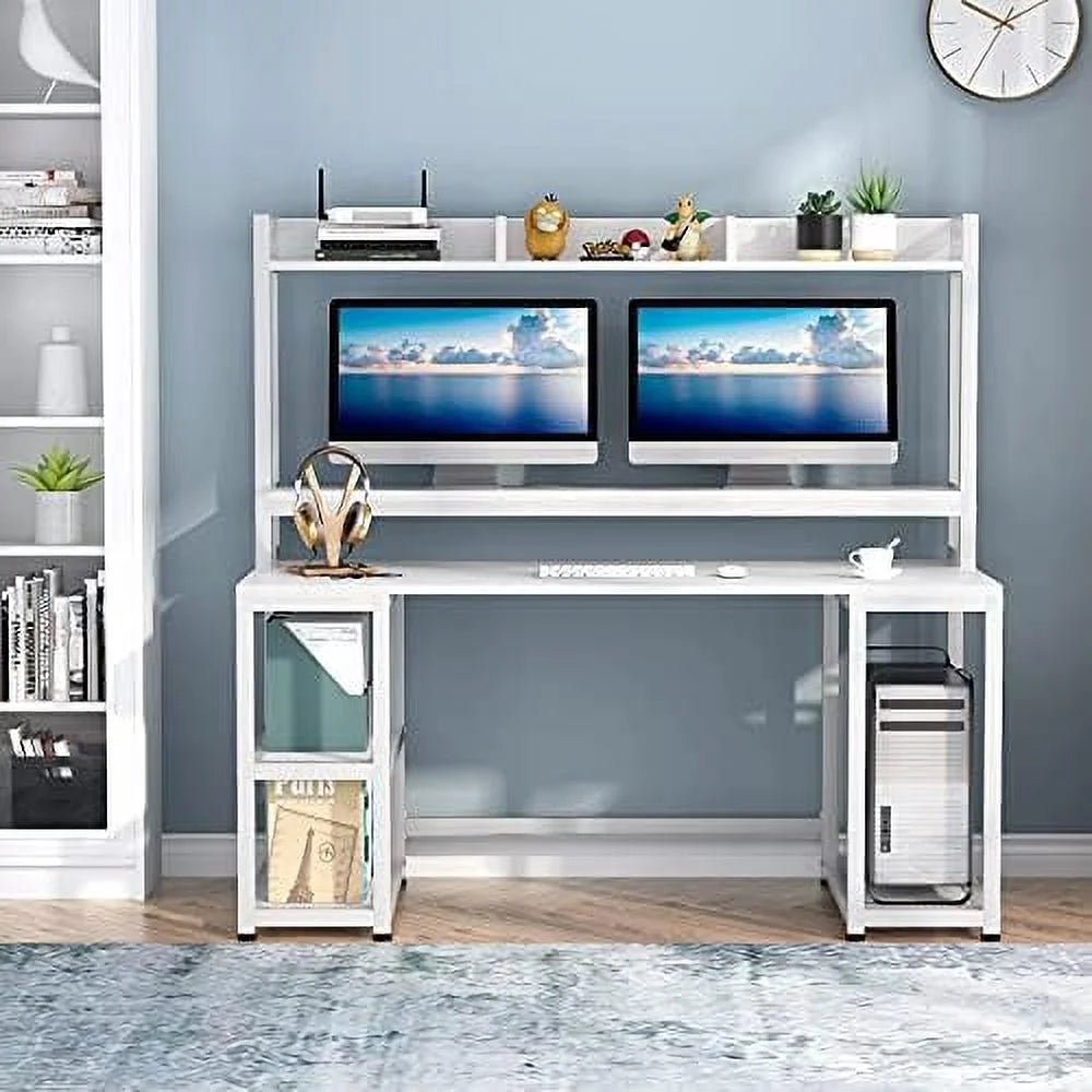 55 Inches White Computer Desk with Hutch and Shelves S259