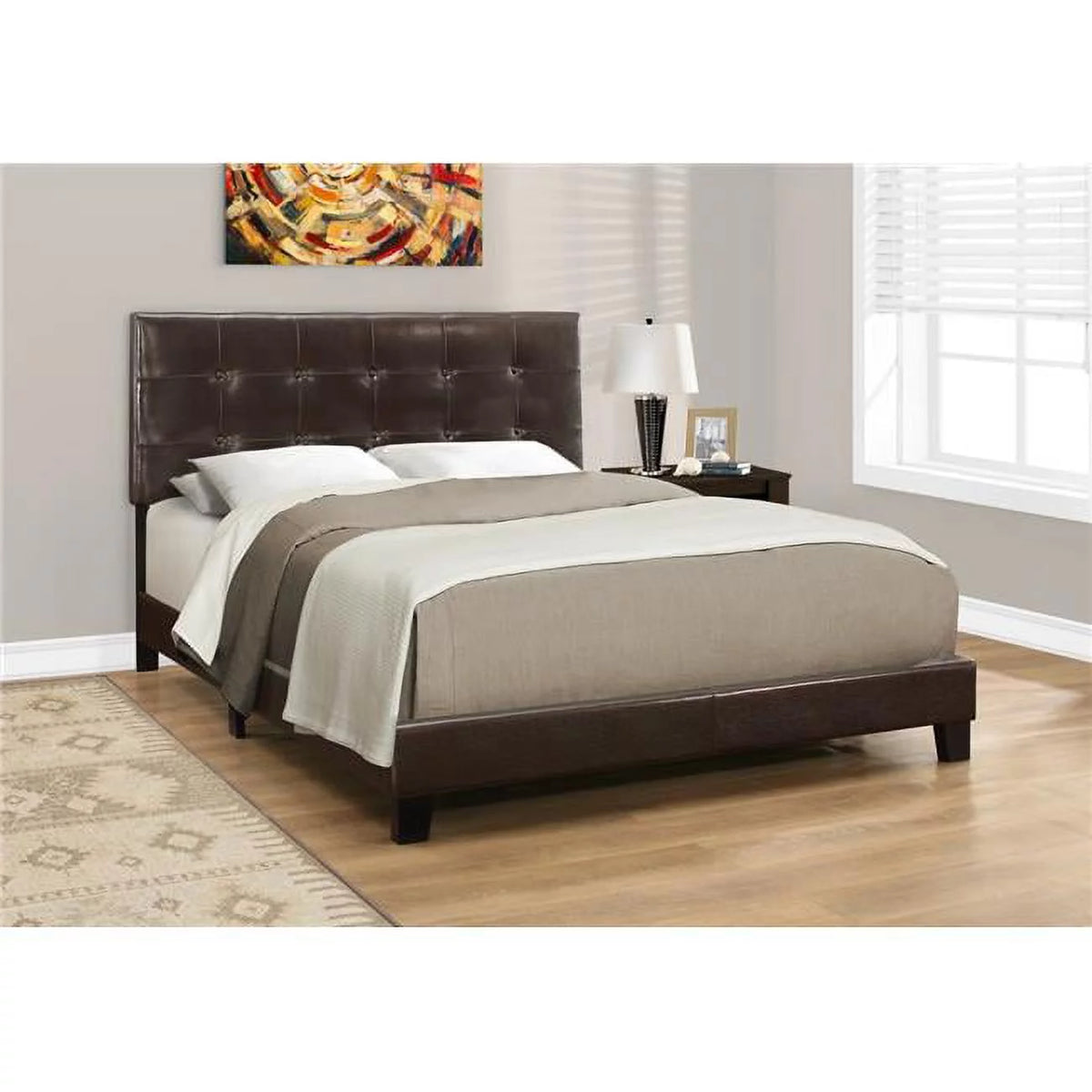 Dark Brown Queen Size Bed with Leather Look J64494