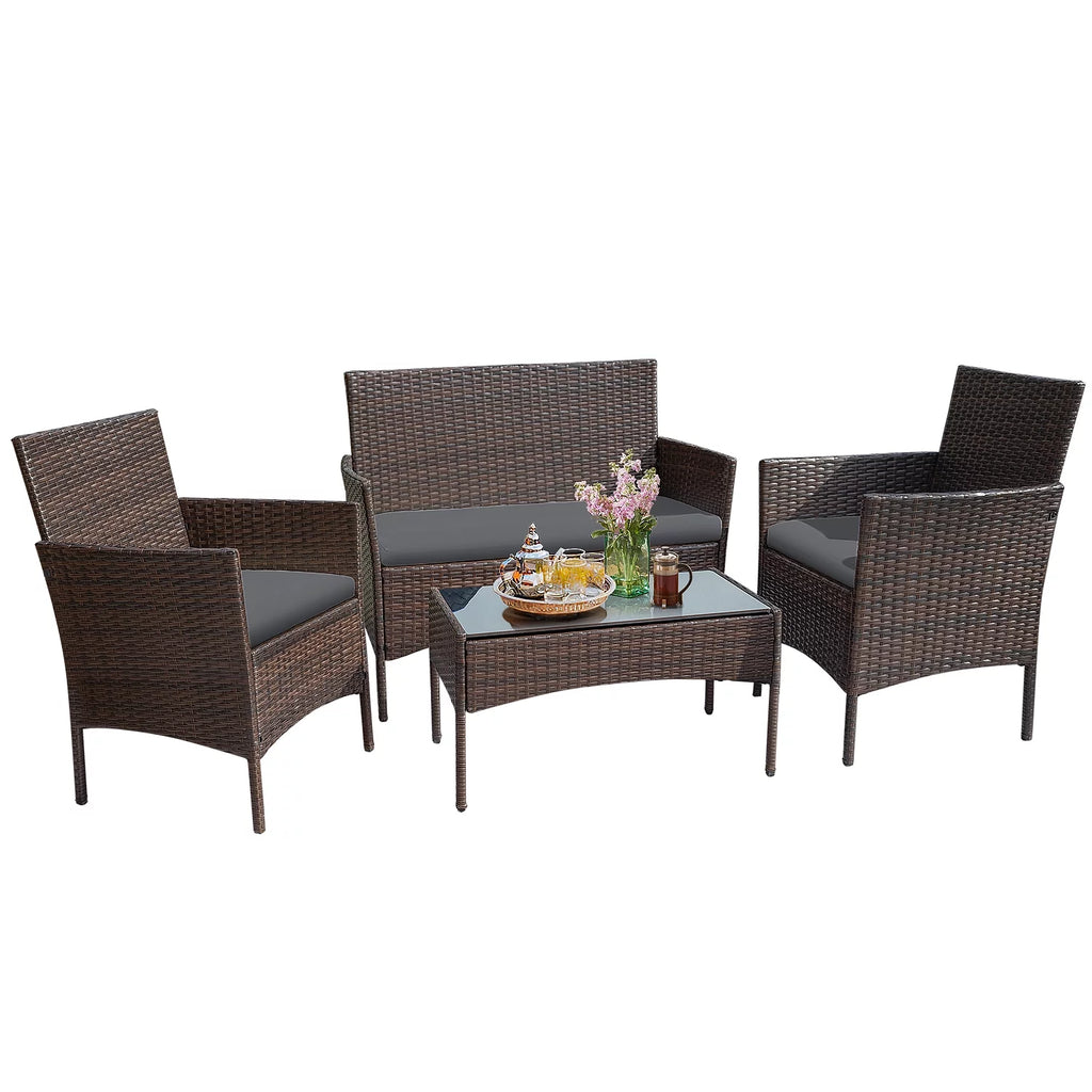 4 Pieces Brown PE Rattan Patio Conversation Set L324068