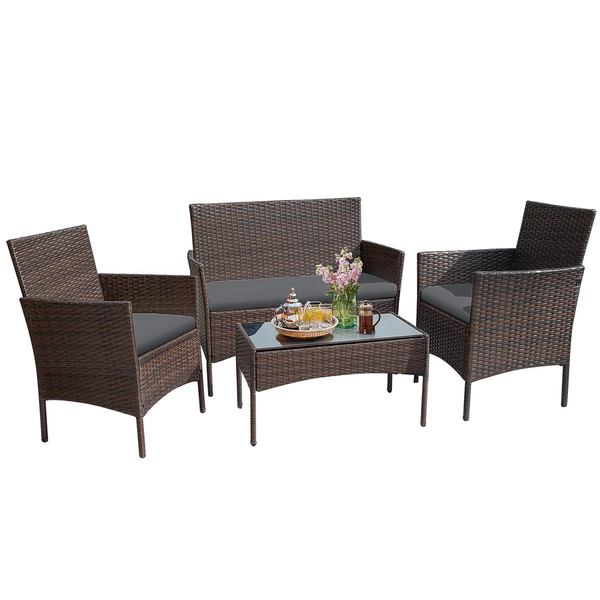 4 Pieces Brown PE Rattan Patio Conversation Set L324068