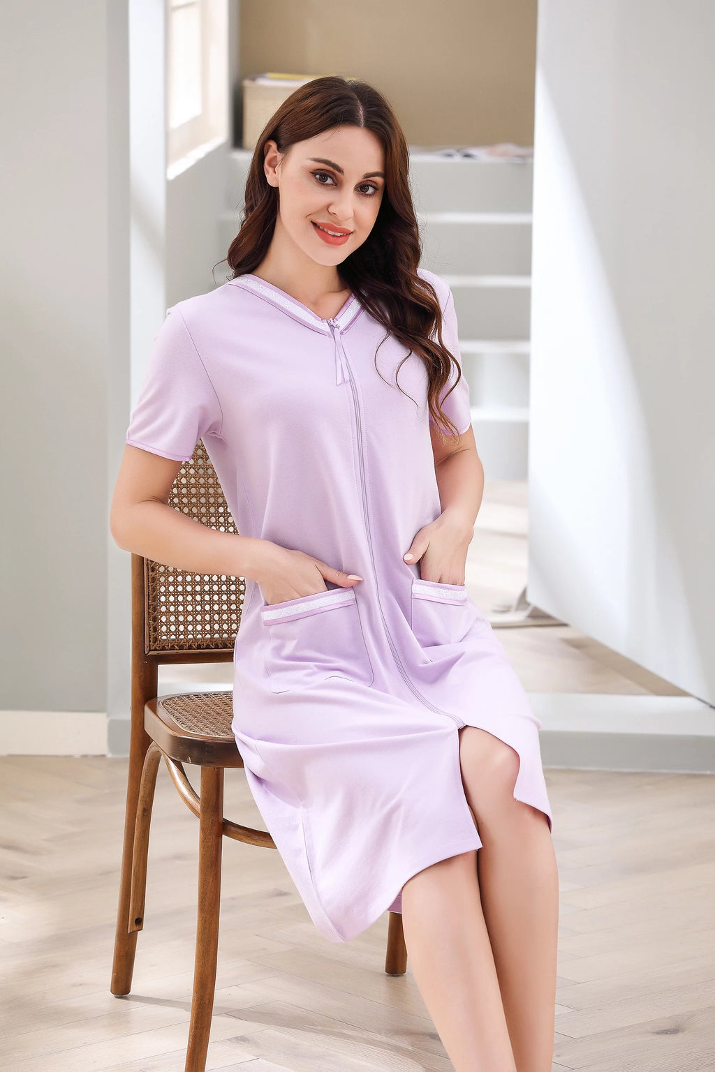 Women Short Sleeve Zipper Robe Q318