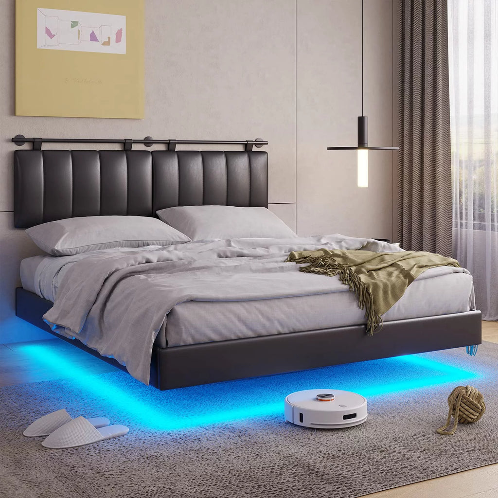 White LED Floating Queen Bed Frame with Wall Mounted Headboard V52148