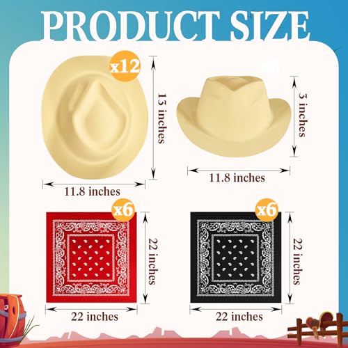 24 Pieces Felt Cowboy Hat Set with Paisley Bandanas T345864