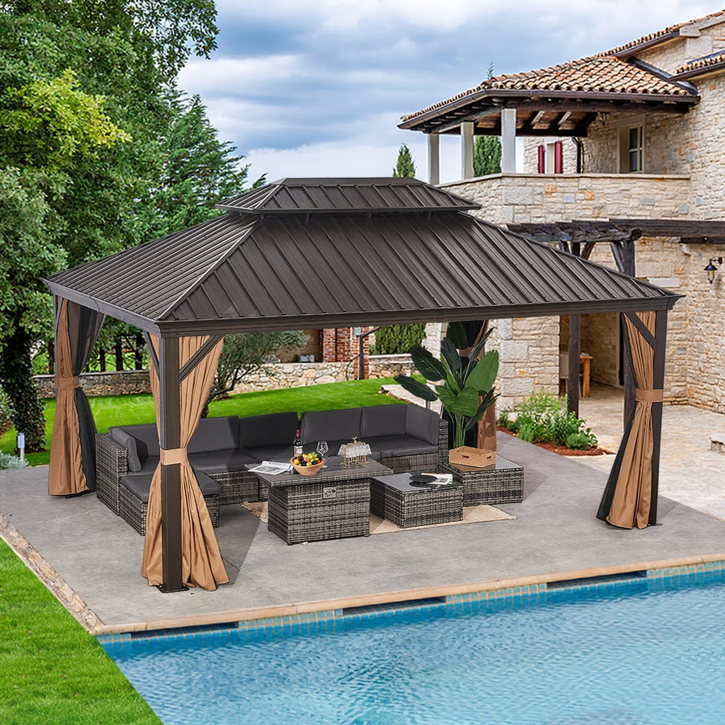10'x12' Hardtop Aluminum Gazebo with Curtains and Netting T4136