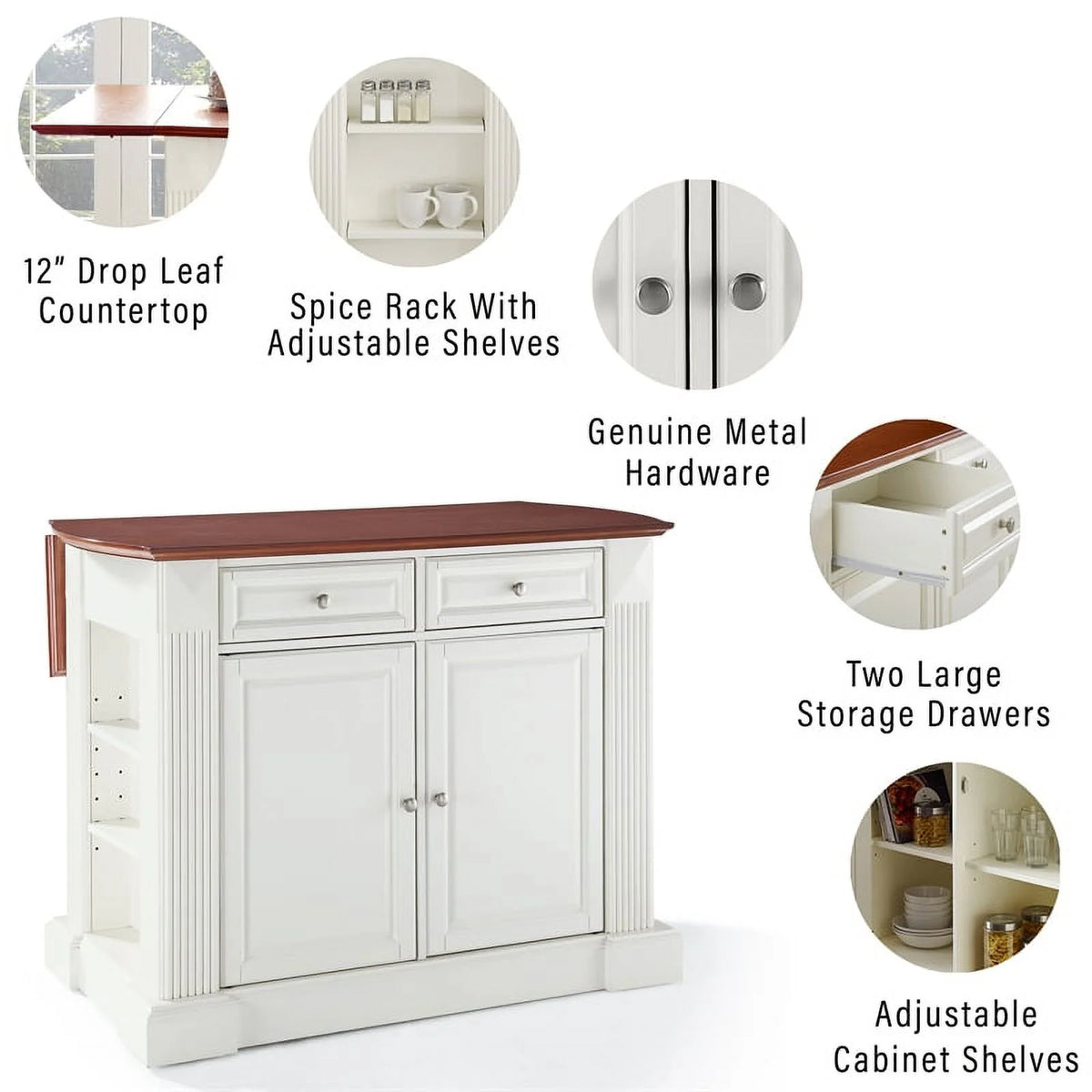White Wood Drop Leaf Kitchen Island with Stools M985