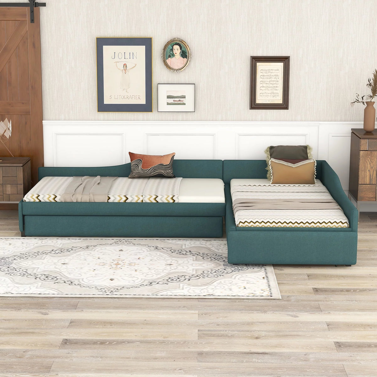 Green Upholstered Twin Size Daybed with Trundle and Drawer J28167