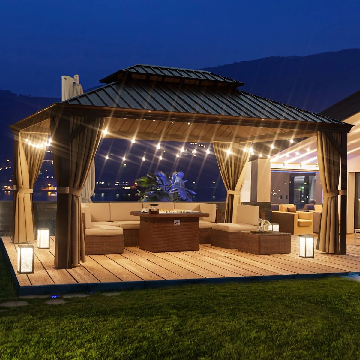 10'x12' Hardtop Aluminum Gazebo with Curtains and Netting T4136