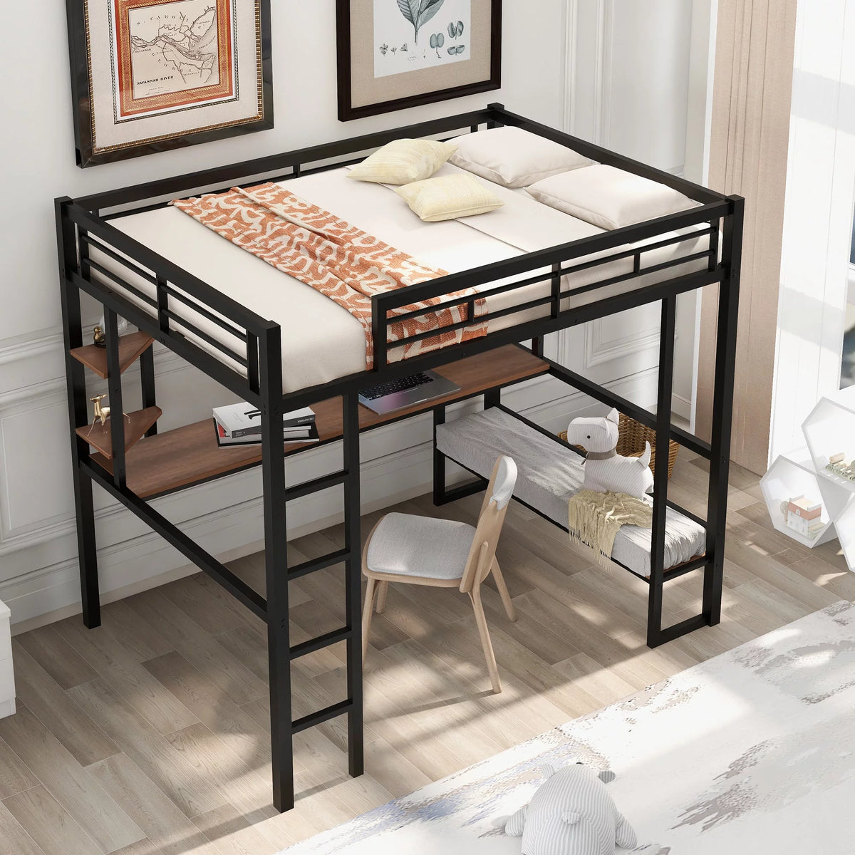 Black Loft Bed with Desk and Shelves H36170