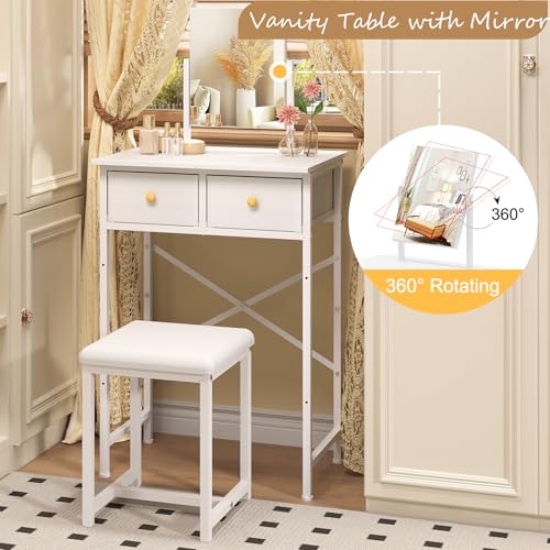 White Compact Vanity Desk with Mirror and Chair P734639