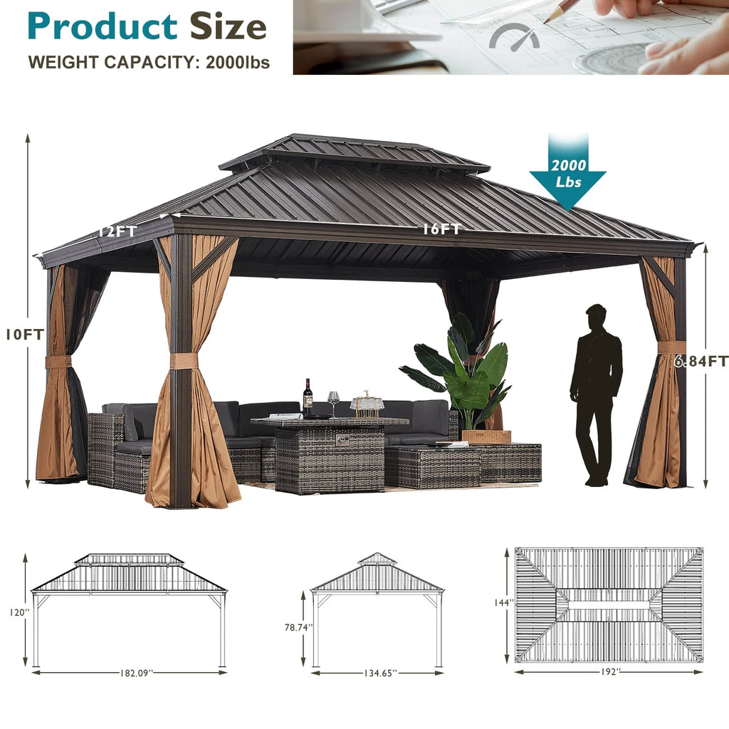 10'x12' Hardtop Aluminum Gazebo with Curtains and Netting T4136