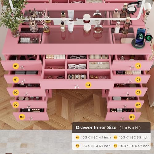 White 11 Drawer Vanity Desk with Mirror and Lights A4101