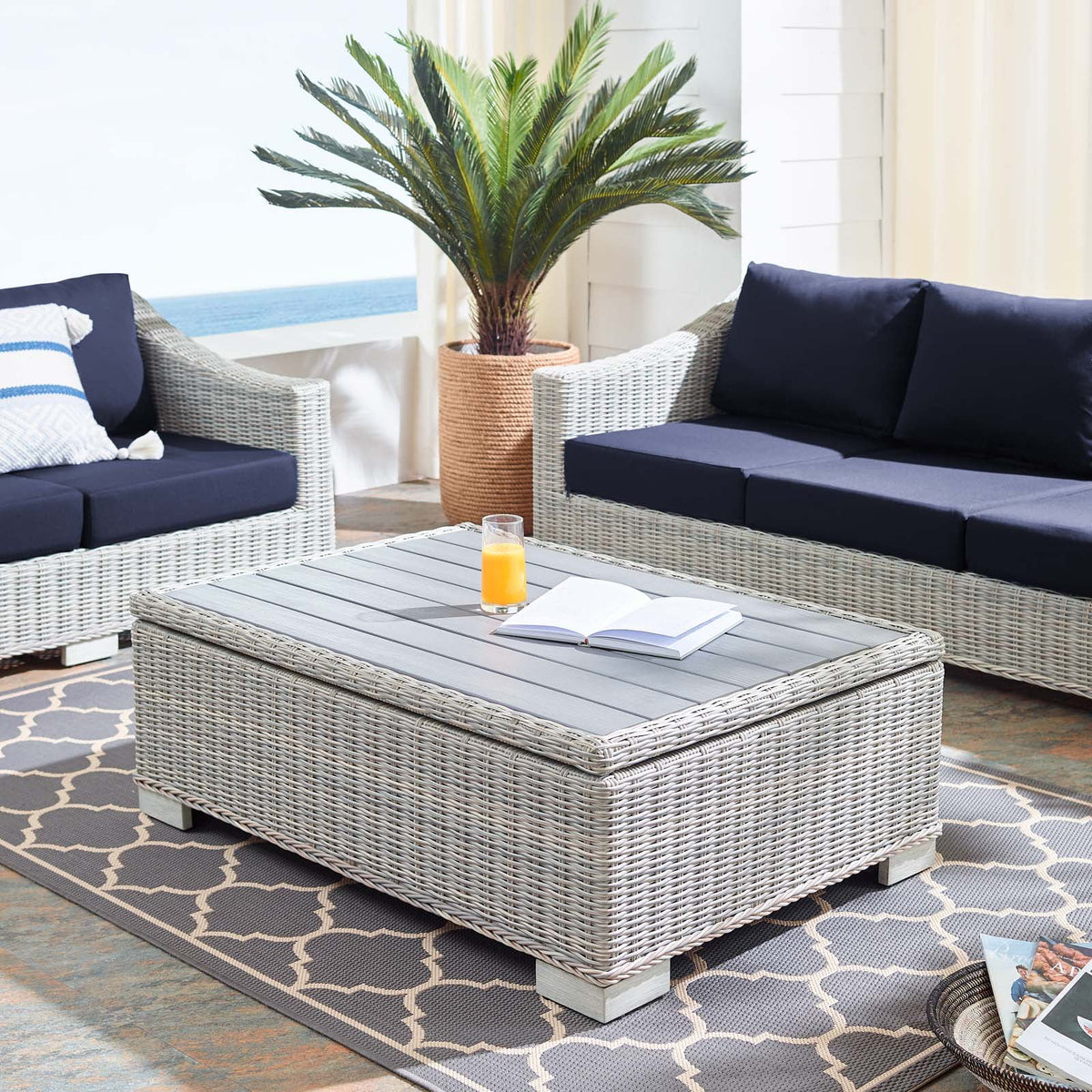 45" Light Gray Wicker Rattan Outdoor Coffee Table V99620