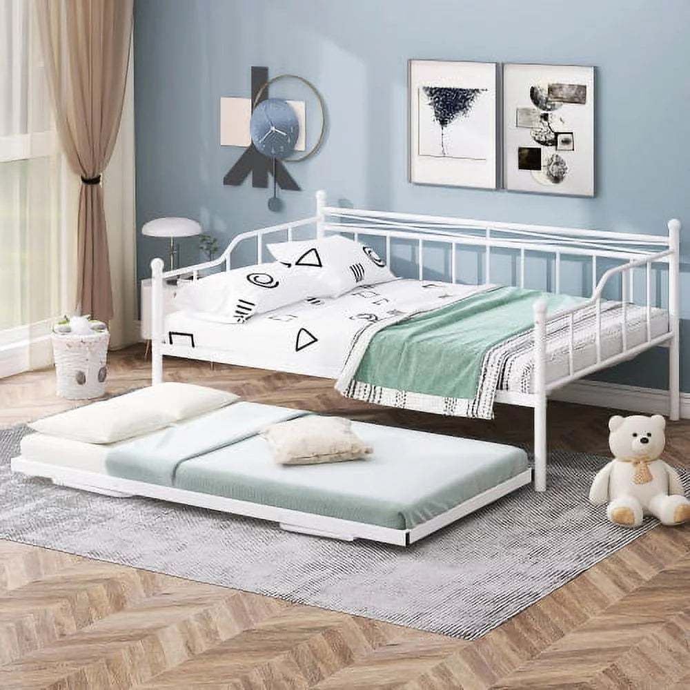 Full Size White Metal Daybed with Twin Size Adjustable Trundle J747