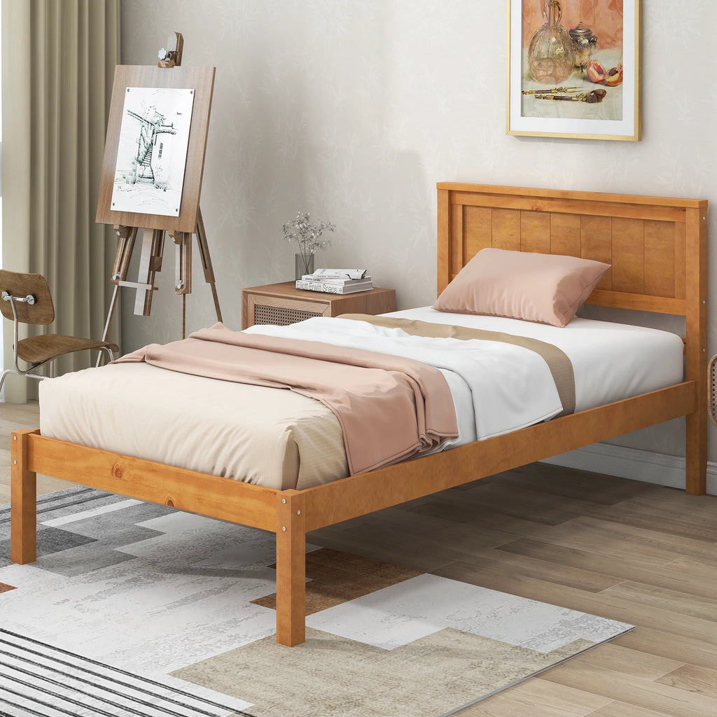 Twin Platform Bed Frame with Headboard and Wood Slat Support M9054