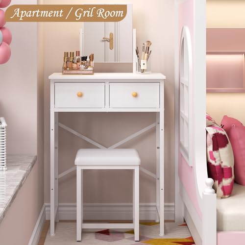 White Compact Vanity Desk with Mirror and Chair P734639