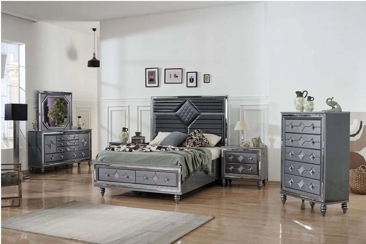Dark Gray Queen Bed with Dresser Mirror Nightstand Chest T370