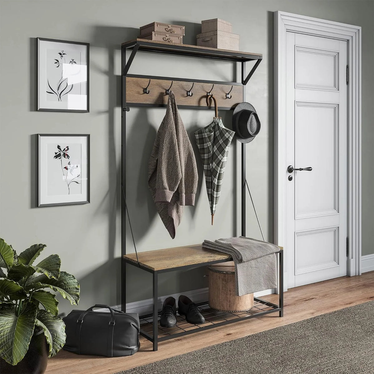 Industrial Entryway Storage Bench Shoe Rack with Black Metal Frame F5093