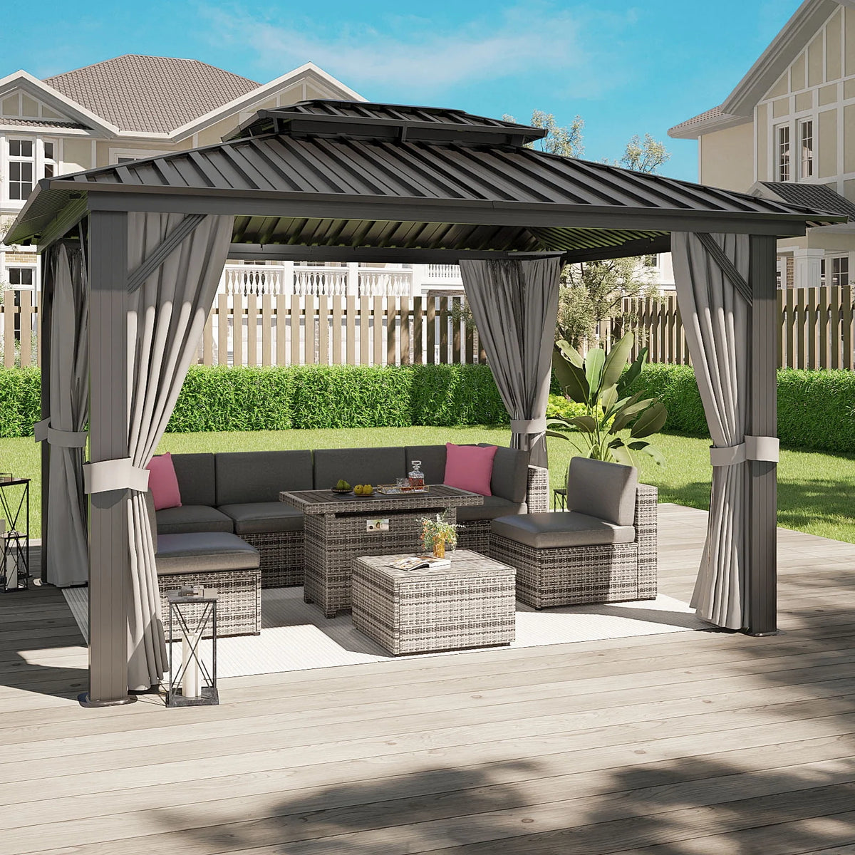 10'x12' Hardtop Aluminum Gazebo with Curtains and Netting T4136