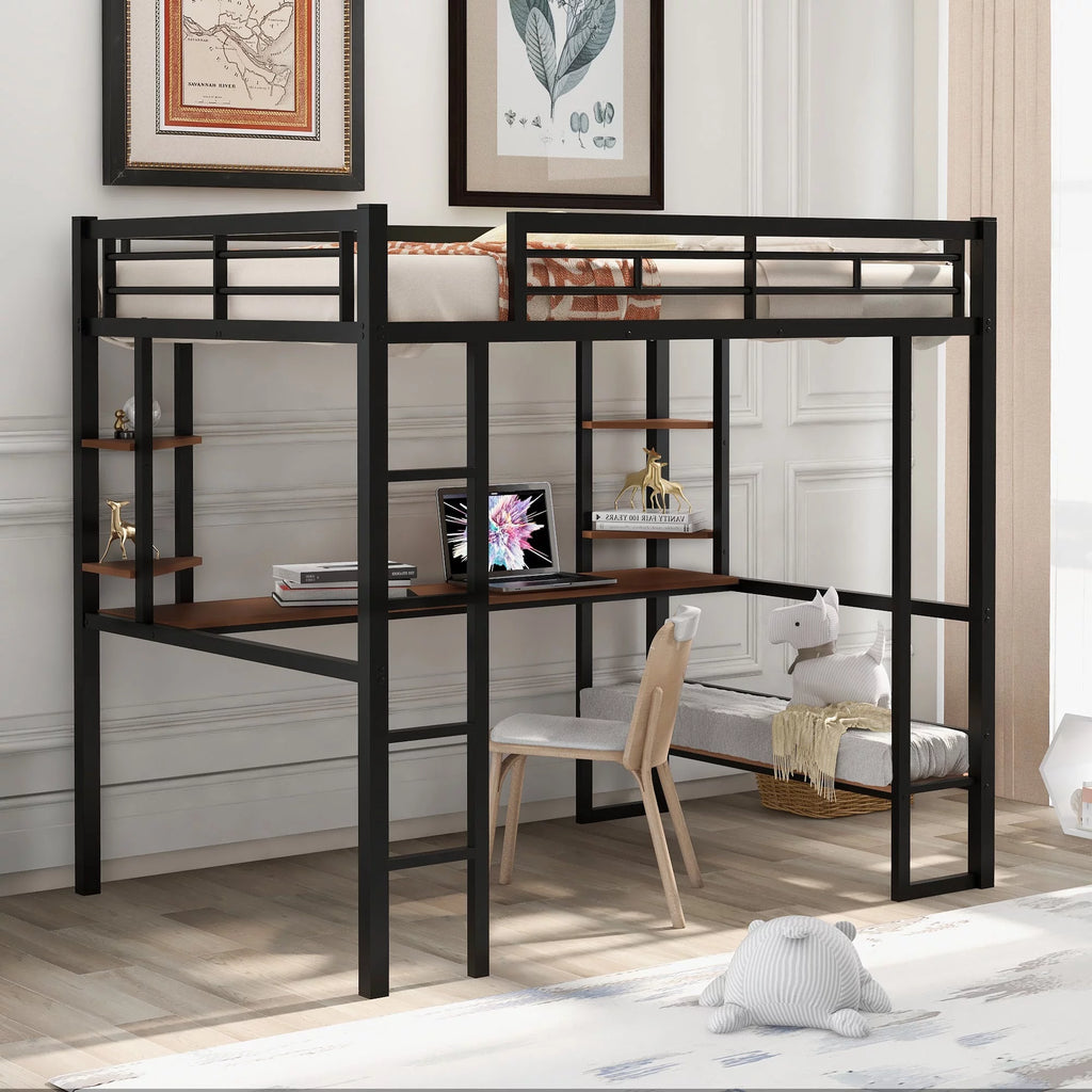 Black Loft Bed with Desk and Shelves H36170