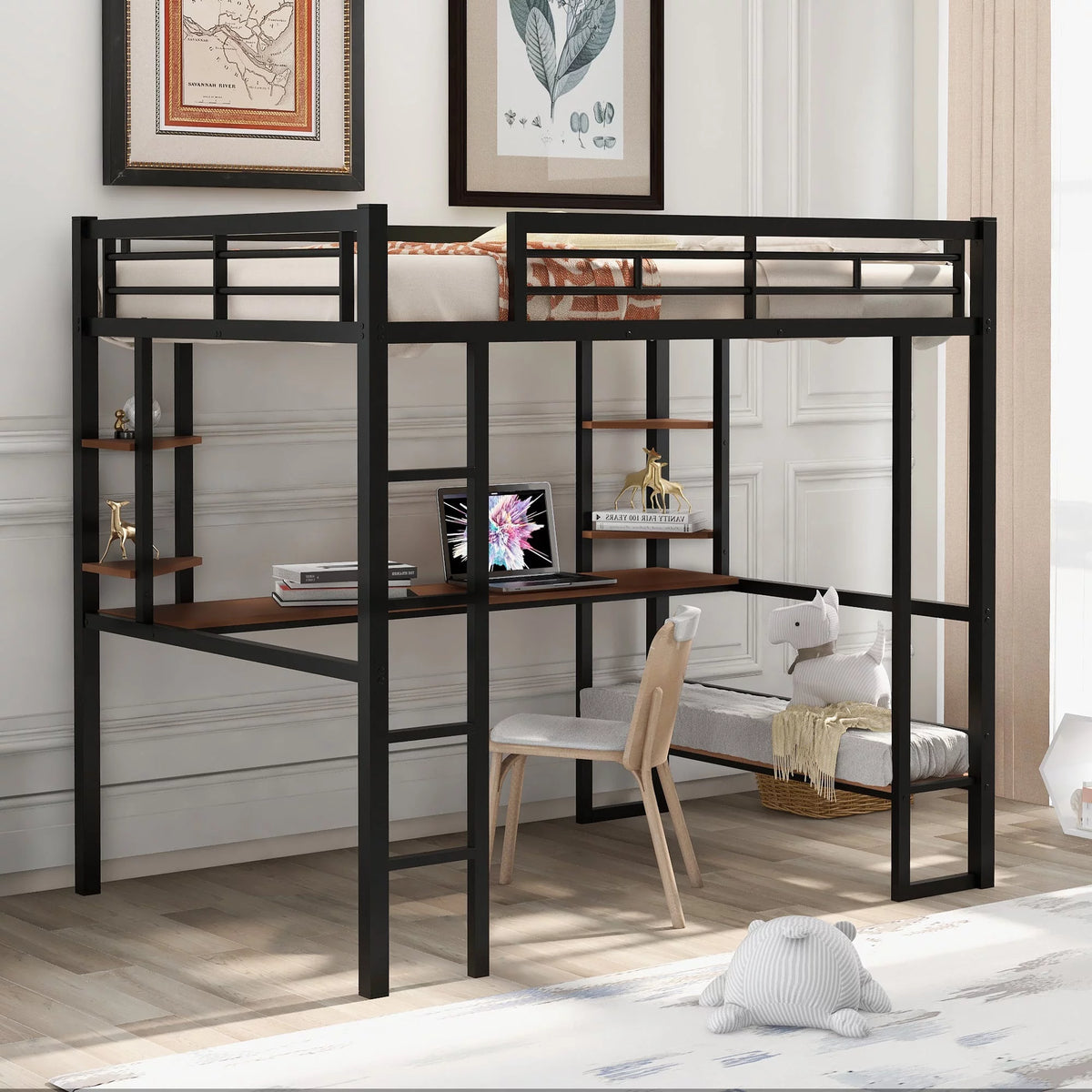 Black Loft Bed with Desk and Shelves H36170