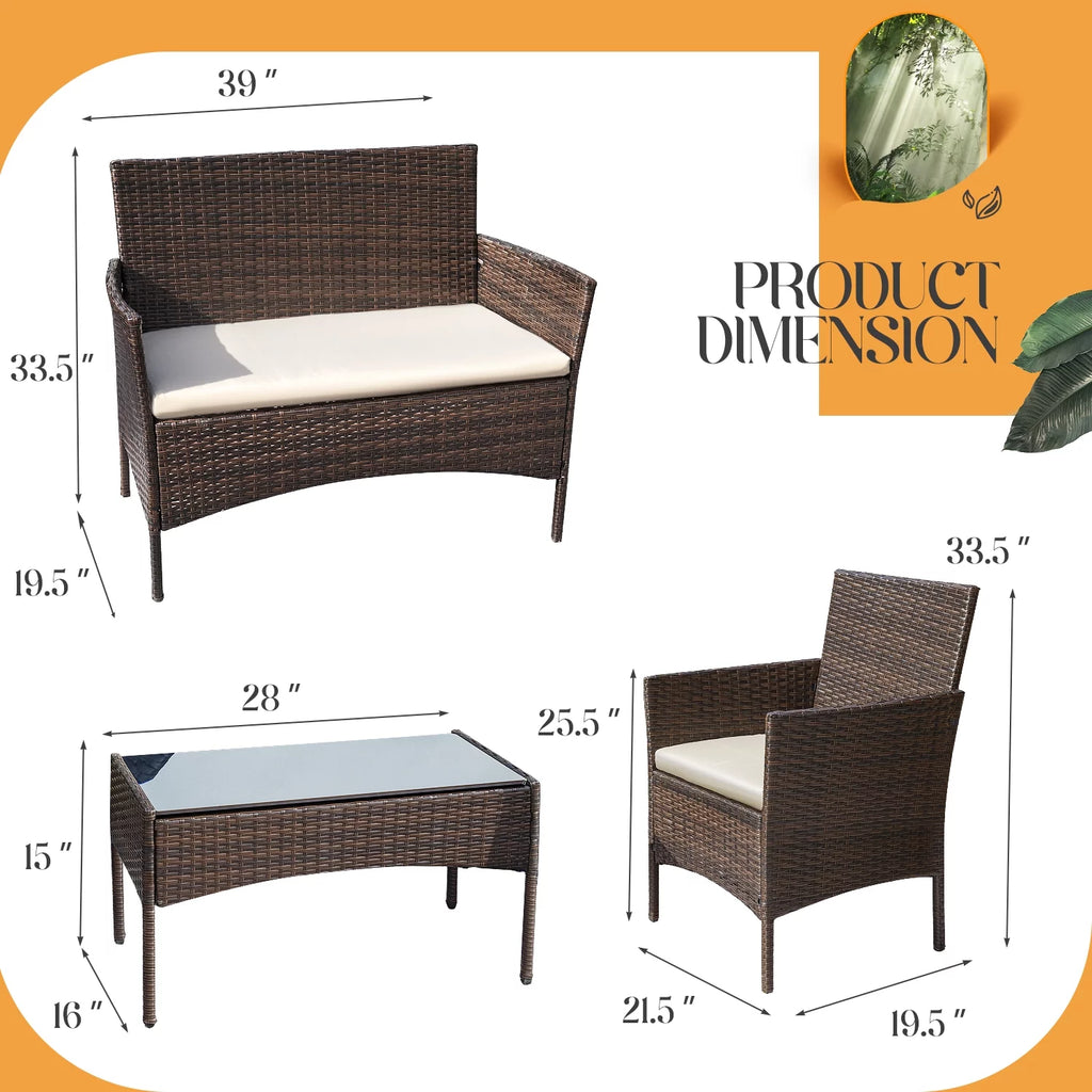 4 Pieces Brown PE Rattan Patio Conversation Set L324068