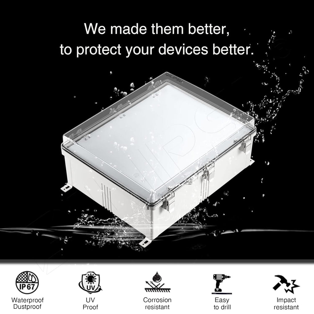 Clear Cover Stainless Steel Latch Junction Box with Inner Door 410x310x180mm, IP67 Waterproof Electrical Box with Mounting Plate, ABS Plastic Grey B3722