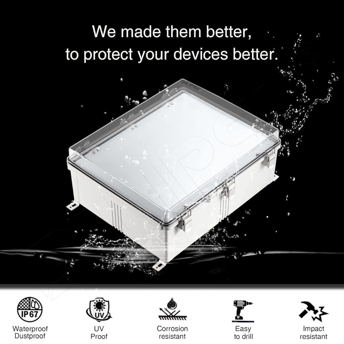 Clear Cover Stainless Steel Latch Junction Box with Inner Door 410x310x180mm, IP67 Waterproof Electrical Box with Mounting Plate, ABS Plastic Grey B3722