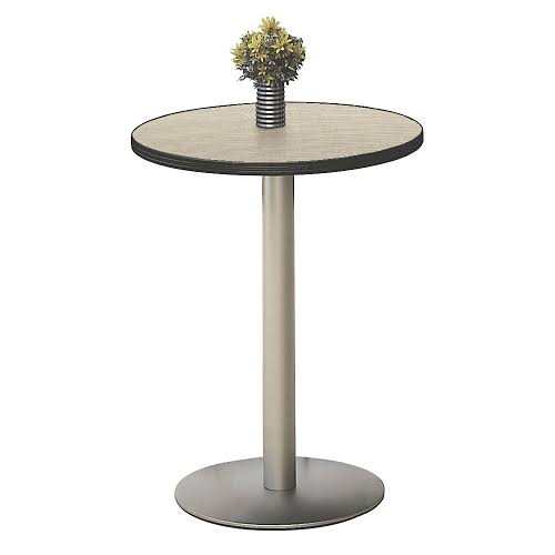 Round Barista Cafe Height Table Walnut Laminate Top Black Edge Silver Base W32469