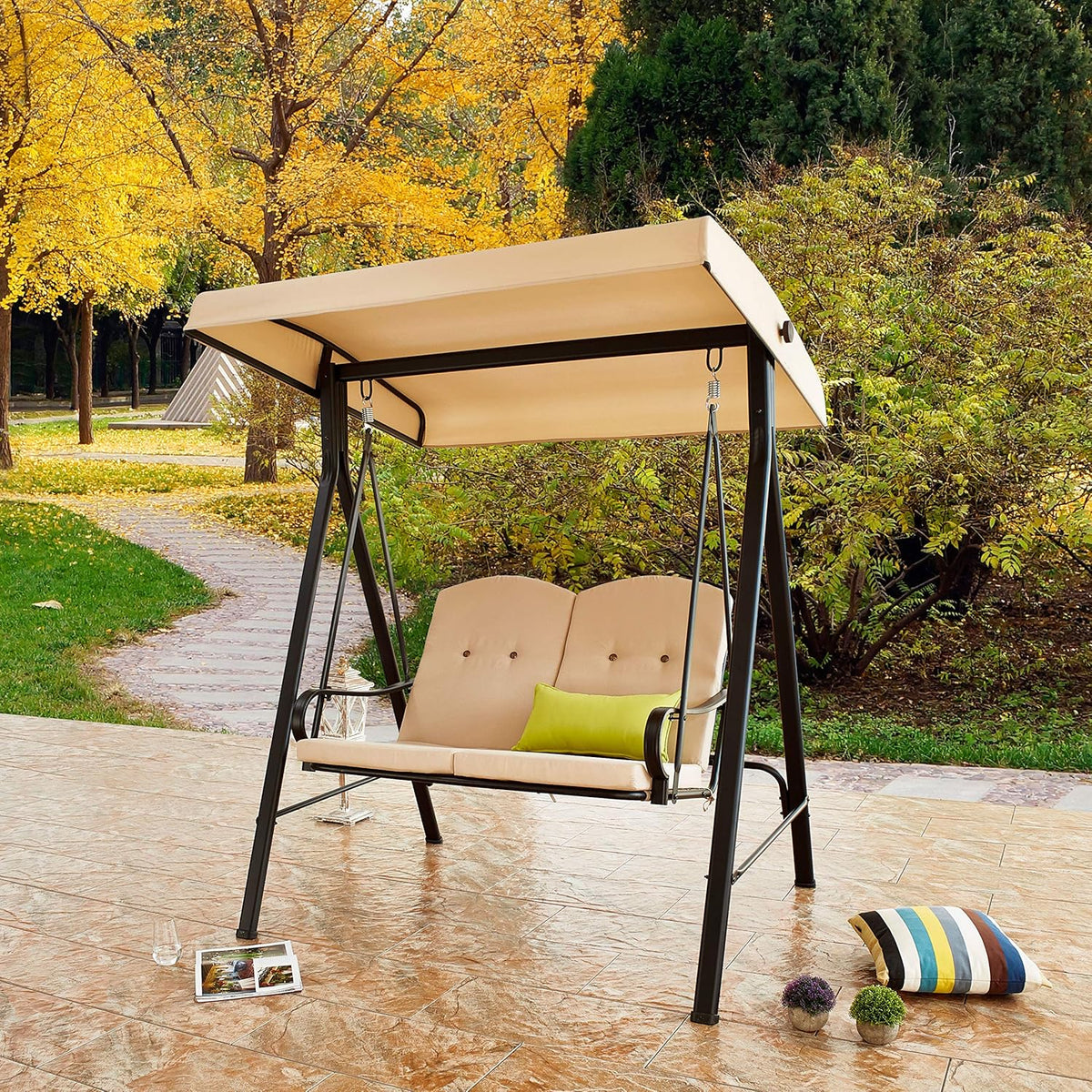 3-Seats Patio Swing with Adjustable Canopy Steel Frame F90485