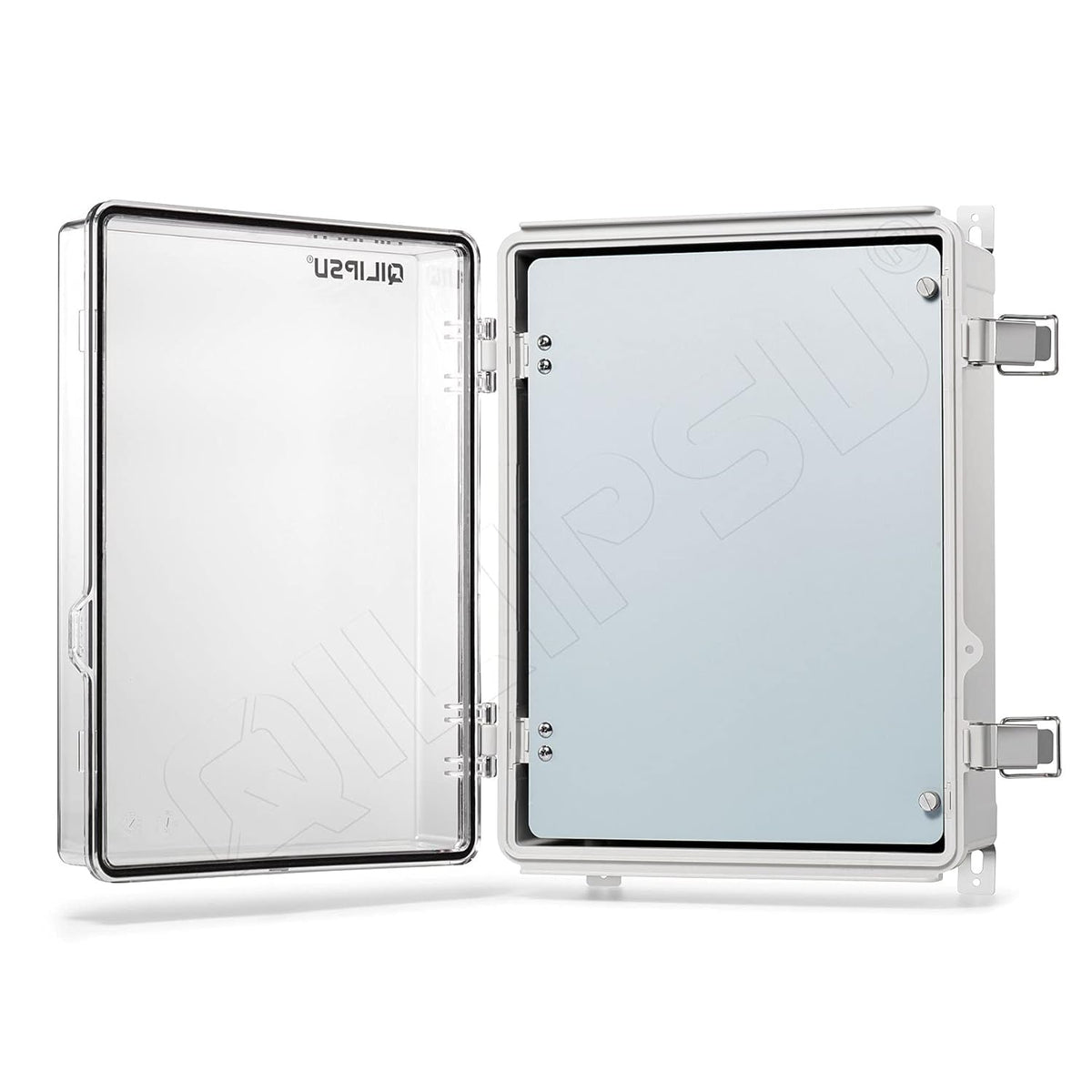 Clear Cover Stainless Steel Latch Junction Box with Inner Door 410x310x180mm, IP67 Waterproof Electrical Box with Mounting Plate, ABS Plastic Grey B3722