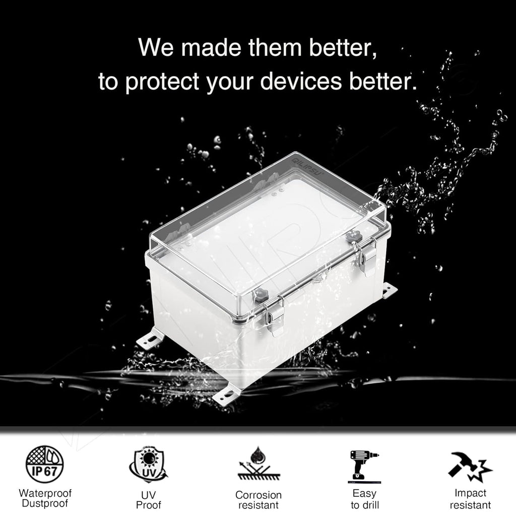 Clear Cover Stainless Steel Latch Junction Box with Inner Door 410x310x180mm, IP67 Waterproof Electrical Box with Mounting Plate, ABS Plastic Grey B3722