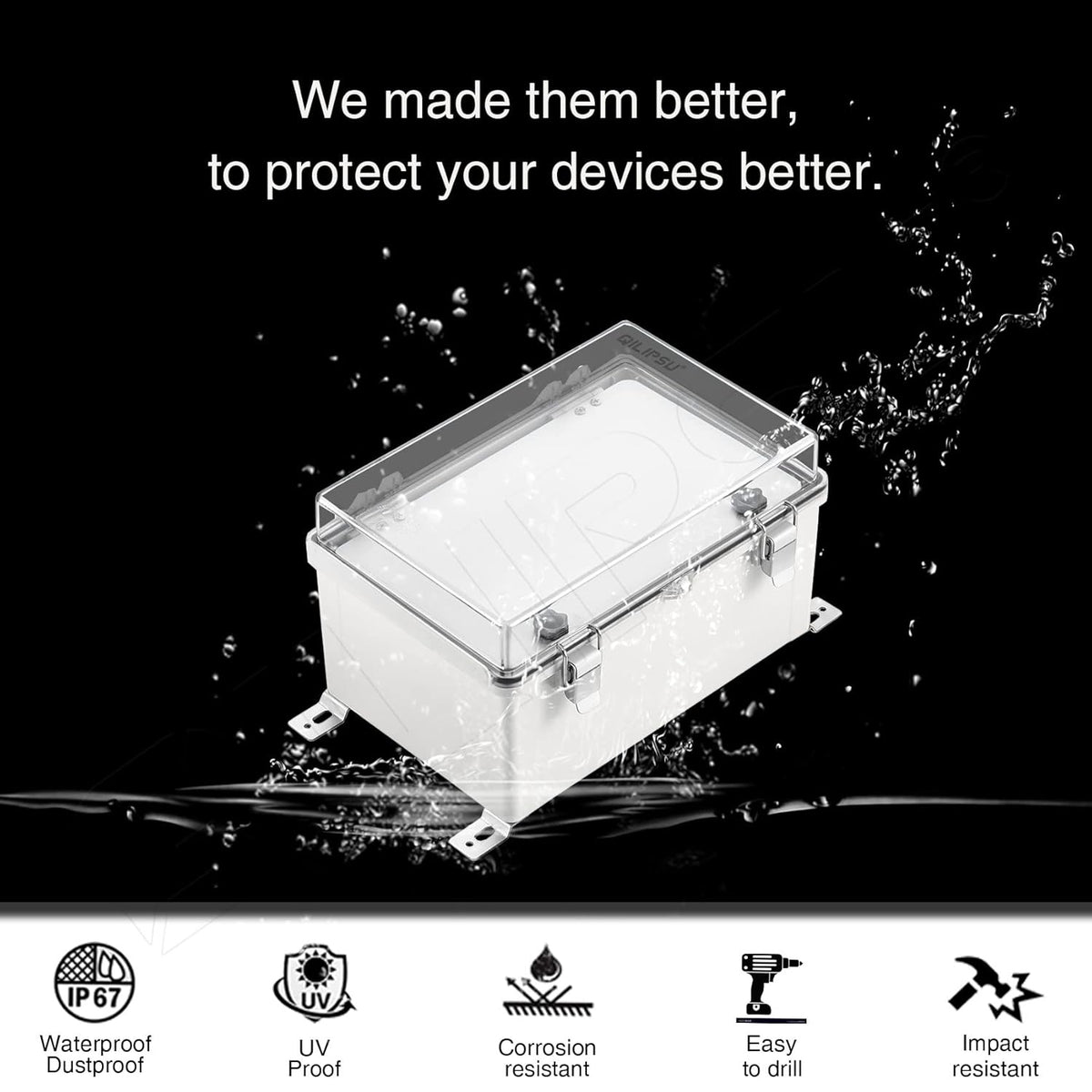 Clear Cover Stainless Steel Latch Junction Box with Inner Door 410x310x180mm, IP67 Waterproof Electrical Box with Mounting Plate, ABS Plastic Grey B3722