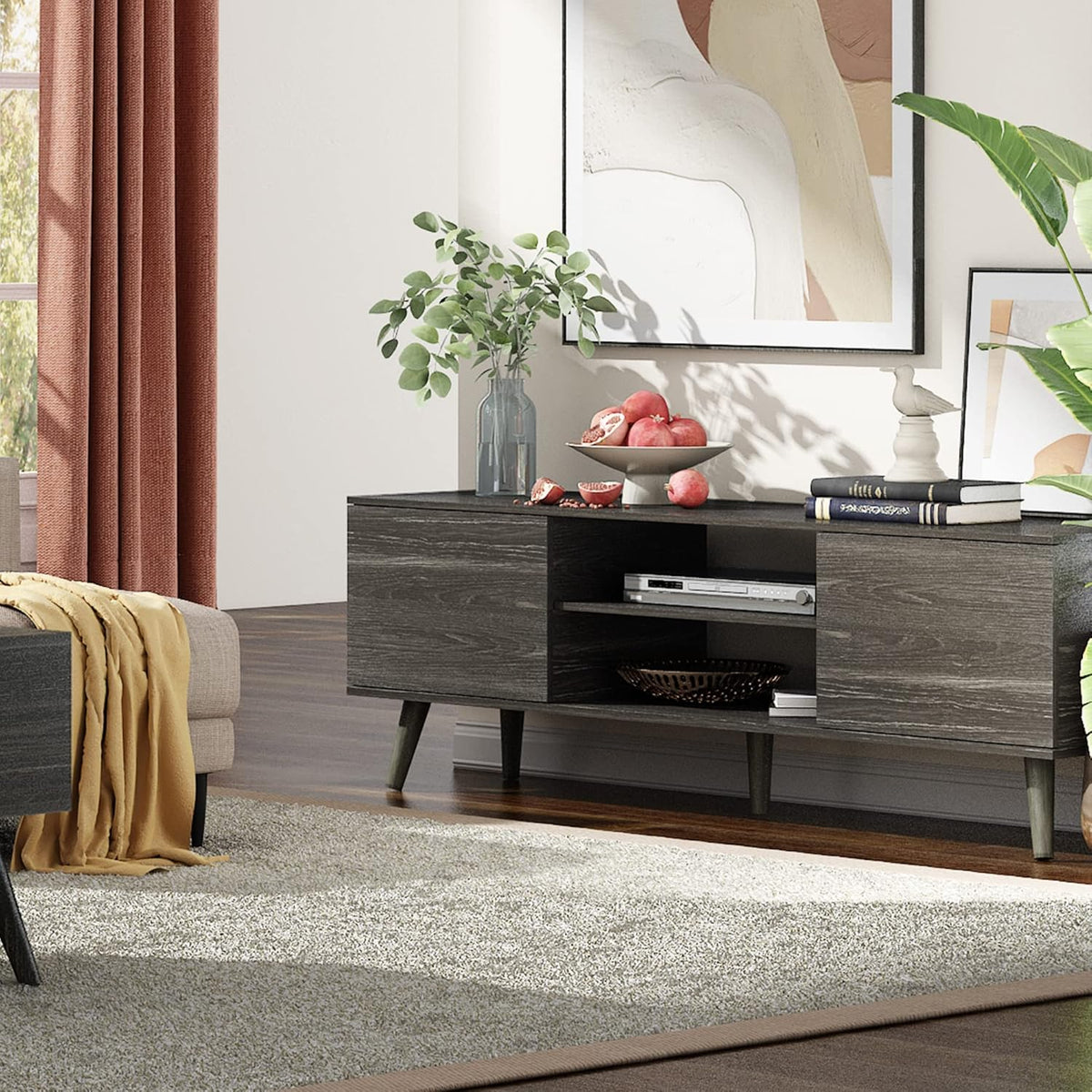 Black TV Stand with Storage Cabinets & Open Shelf U245