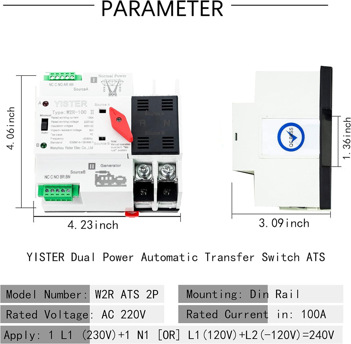 WiFi RF433 Remote Control 2P Dual Power Automatic Transfer Switch 16-100A Din Rail Mounted F62200