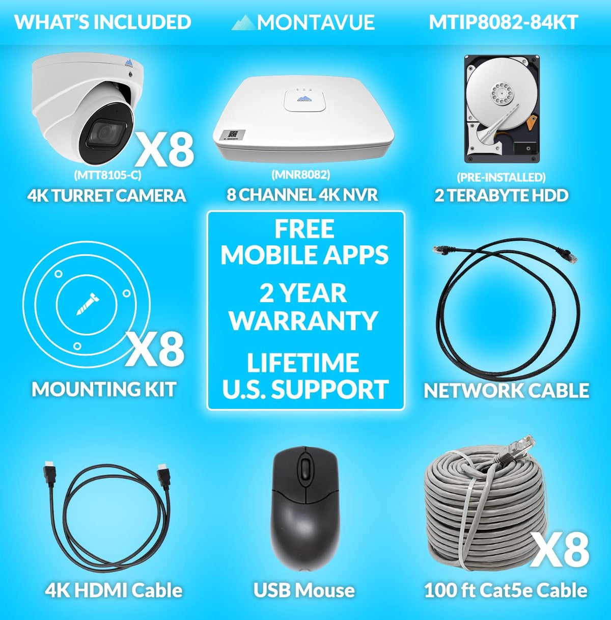 4K 8 Channel POE Security Camera System with 8 Turret Cameras and 2TB Hard Drive T8241