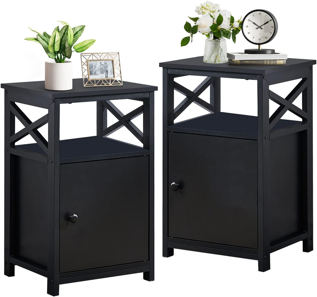 Set of 2 Antique Black Side Table with Storage Cabinet M18560