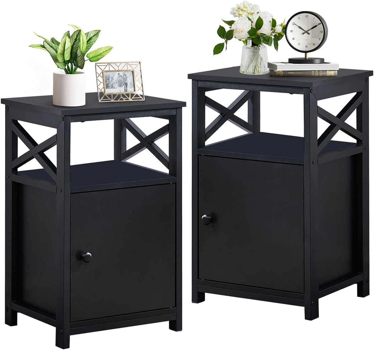 Set of 2 Antique Black Side Table with Storage Cabinet M18560