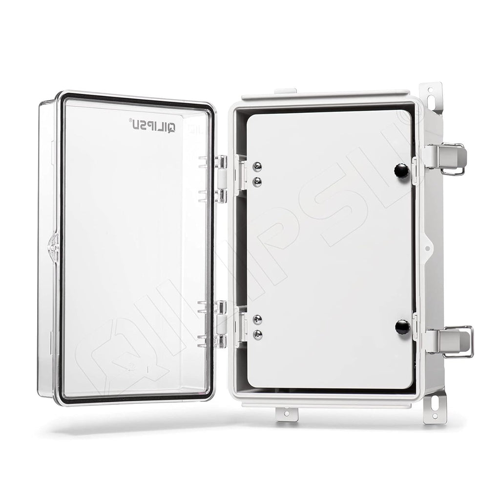 Clear Cover Stainless Steel Latch Junction Box with Inner Door 410x310x180mm, IP67 Waterproof Electrical Box with Mounting Plate, ABS Plastic Grey B3722