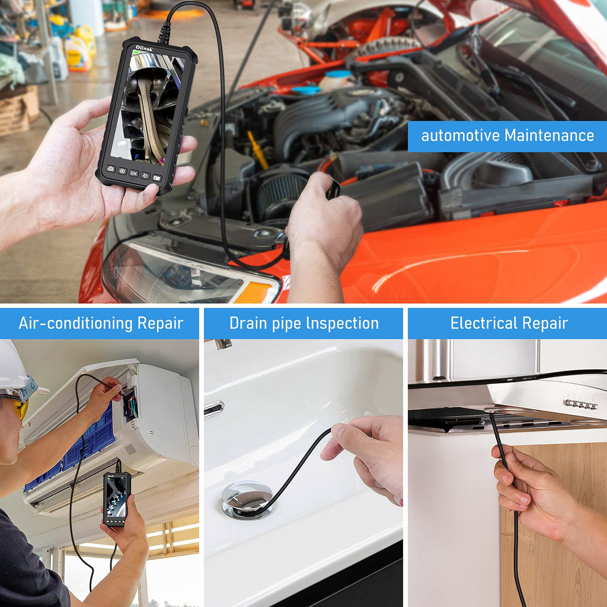 Dual Lens Endoscope Camera 1080P 5.18 IPS Screen 5mm IP67 Waterproof with 7 LED Lights 32GB Card 16.5FT H3738