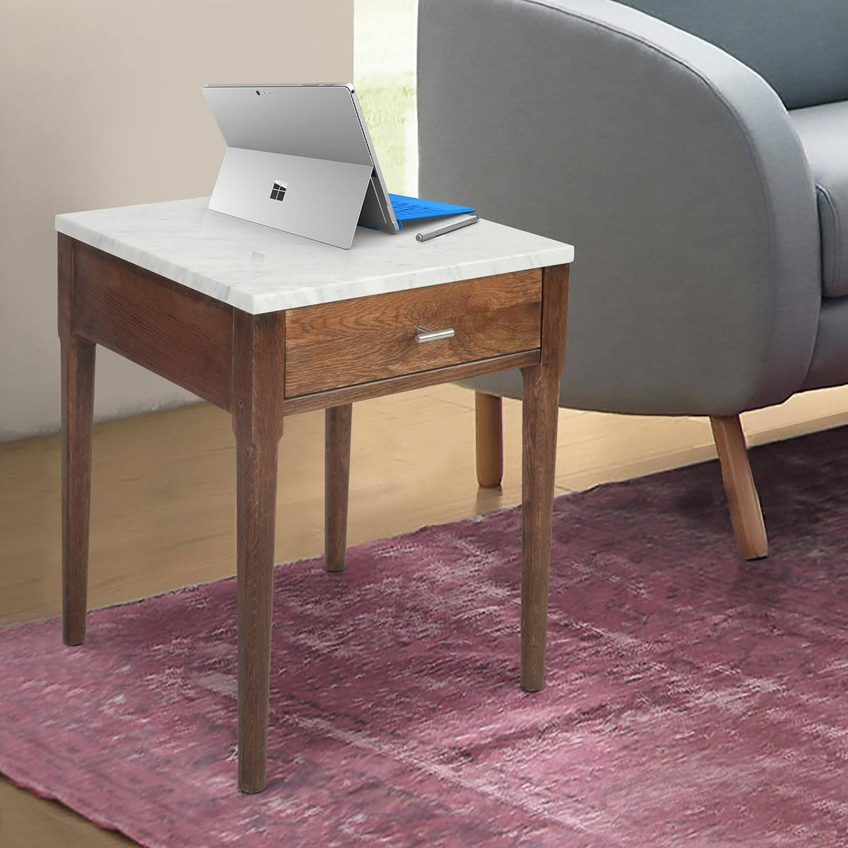 Square Italian Carrara White Marble Side Table with Legs - Tan V237965