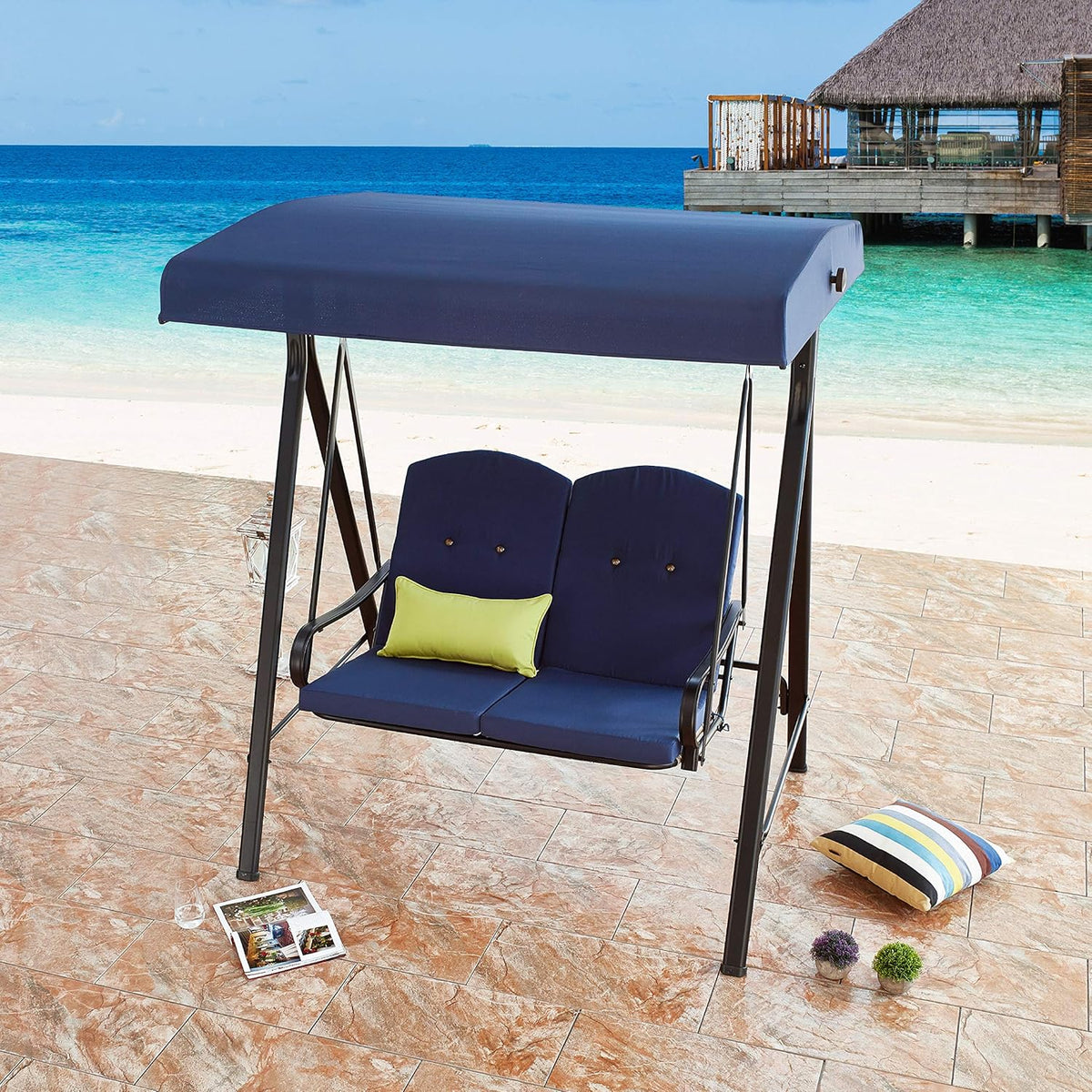 3-Seats Patio Swing with Adjustable Canopy Steel Frame F90485